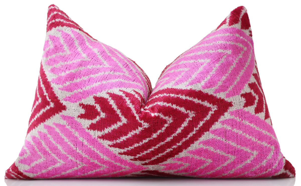 Hand-Knotted Silk Velvet Ikat Lumbar Pillow - 16x24 Fuchsia & Raspberry