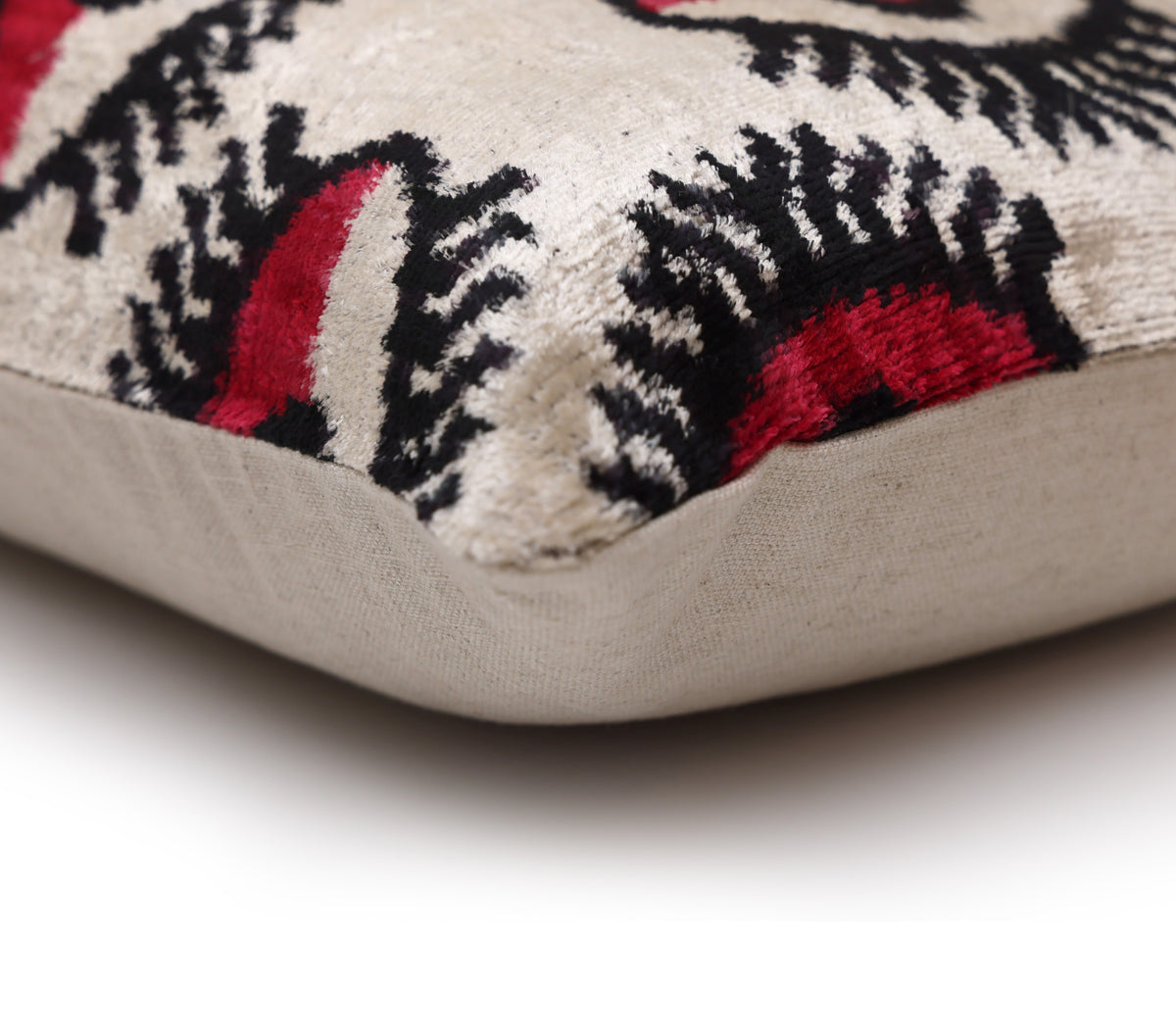Hand-Knotted Silk Velvet "Evil Eye" Ikat Lumbar Pillow - 16x24 Red & Beige