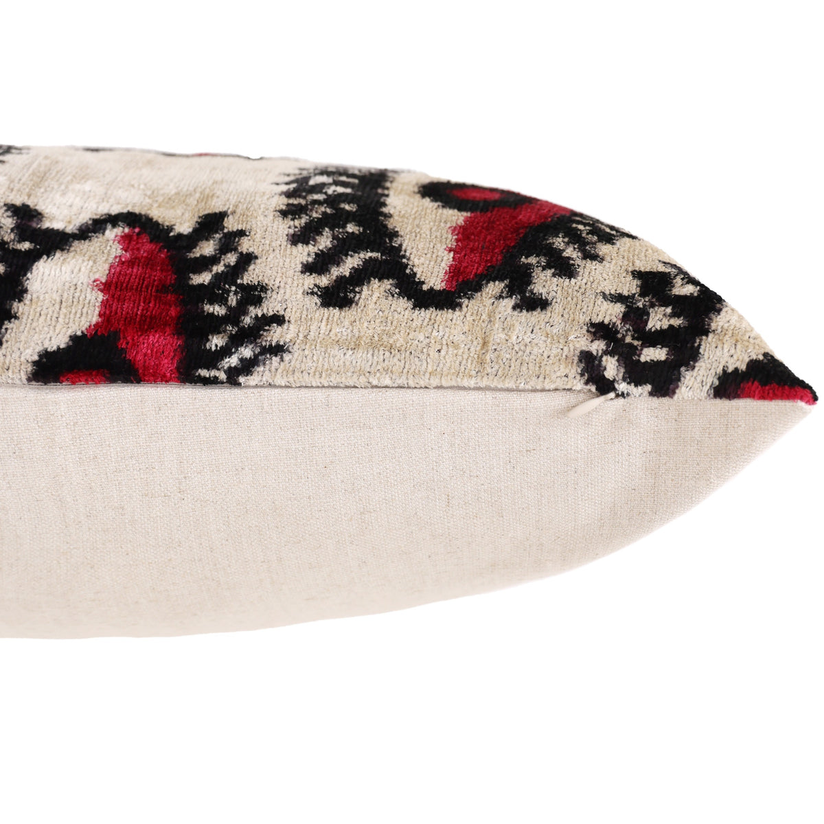 Hand-Knotted Silk Velvet "Evil Eye" Ikat Lumbar Pillow - 16x24 Red & Beige