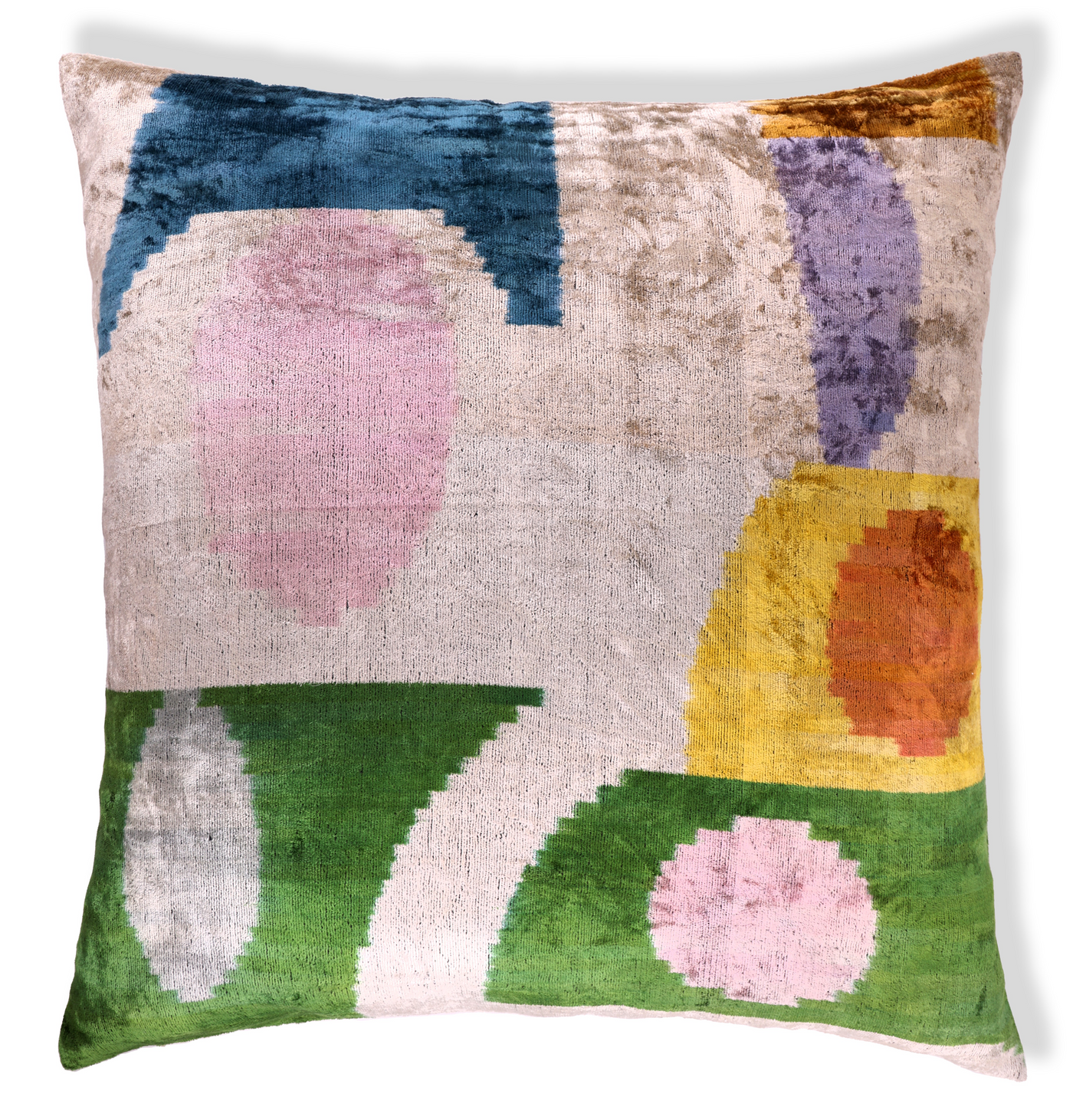 Handmade Velvet Abstract Pillow – 24x24" Pastel Ikat Silk Cushion