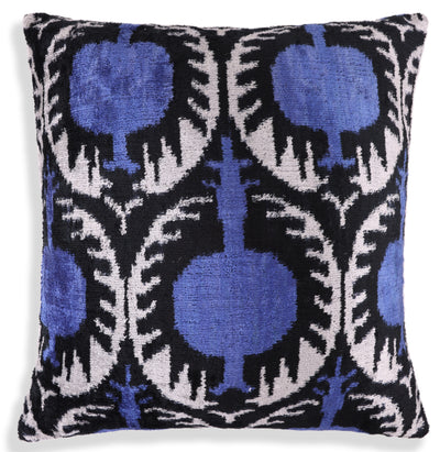 Handmade Ikat Velvet Pillow – 20x20" Blue & Black Silk Cushion