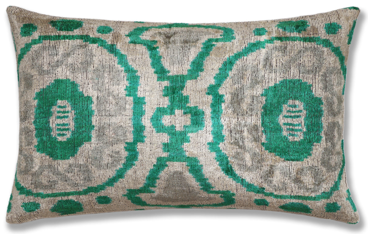 Hand-Knotted Silk Velvet Ikat Lumbar Pillow - 16x24 Emerald & Silver