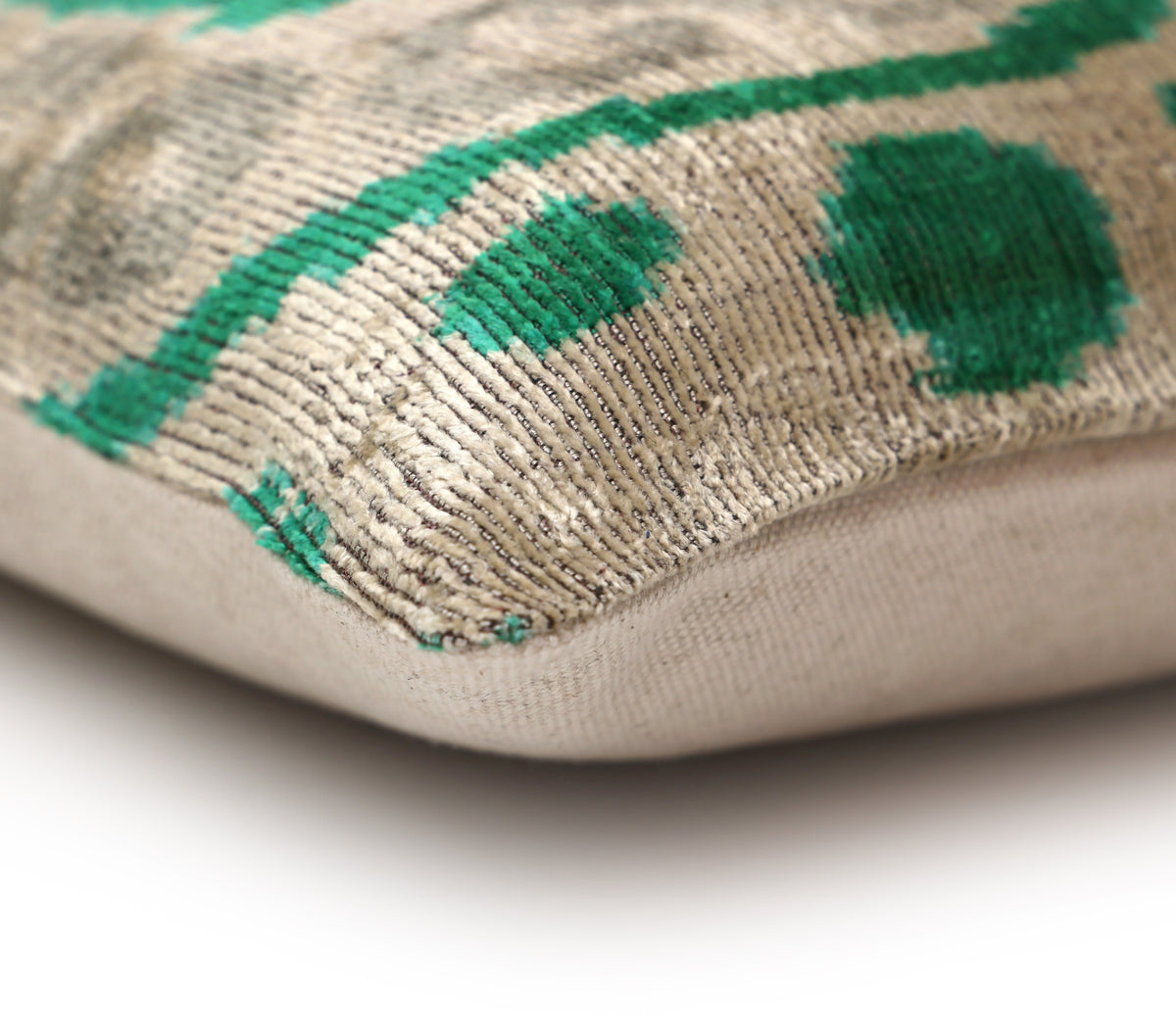 Hand-Knotted Silk Velvet Ikat Lumbar Pillow - 16x24 Emerald & Silver