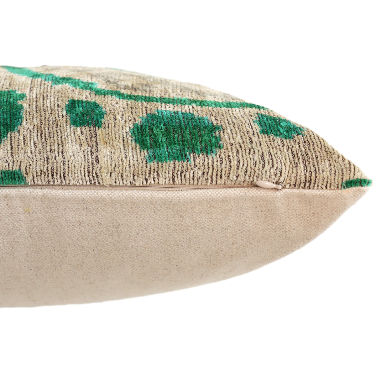 Hand-Knotted Silk Velvet Ikat Lumbar Pillow - 16x24 Emerald & Silver