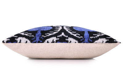 Handmade Ikat Velvet Pillow – 20x20" Blue & Black Silk Cushion