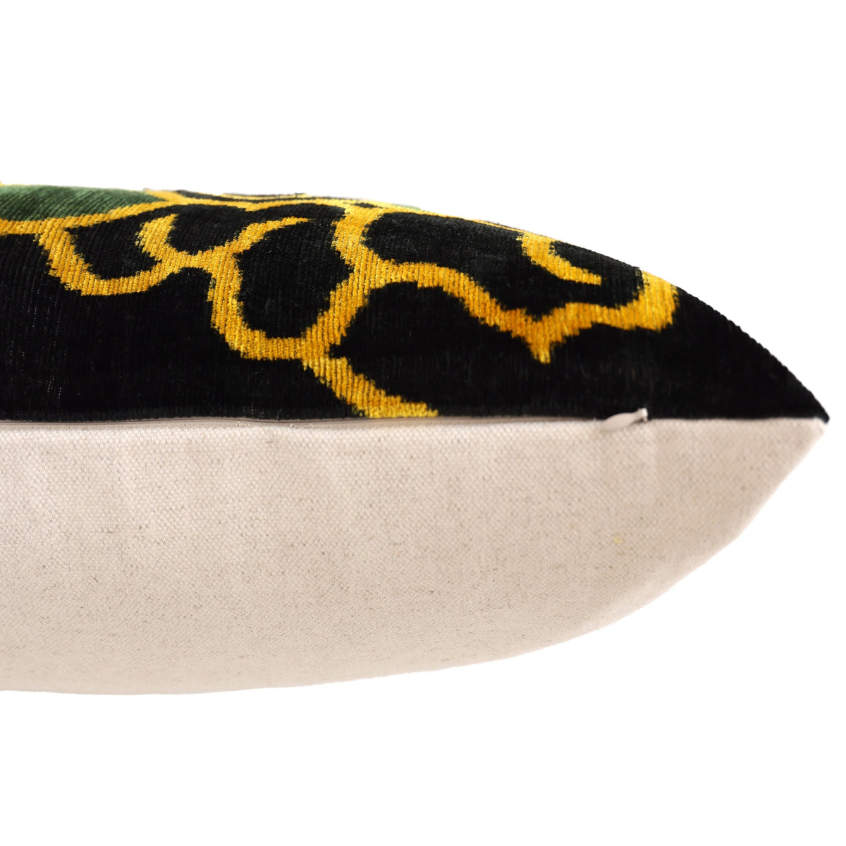 Hand-Knotted Silk Velvet Ikat Lumbar Pillow - 16x24 Gold & Forest Green