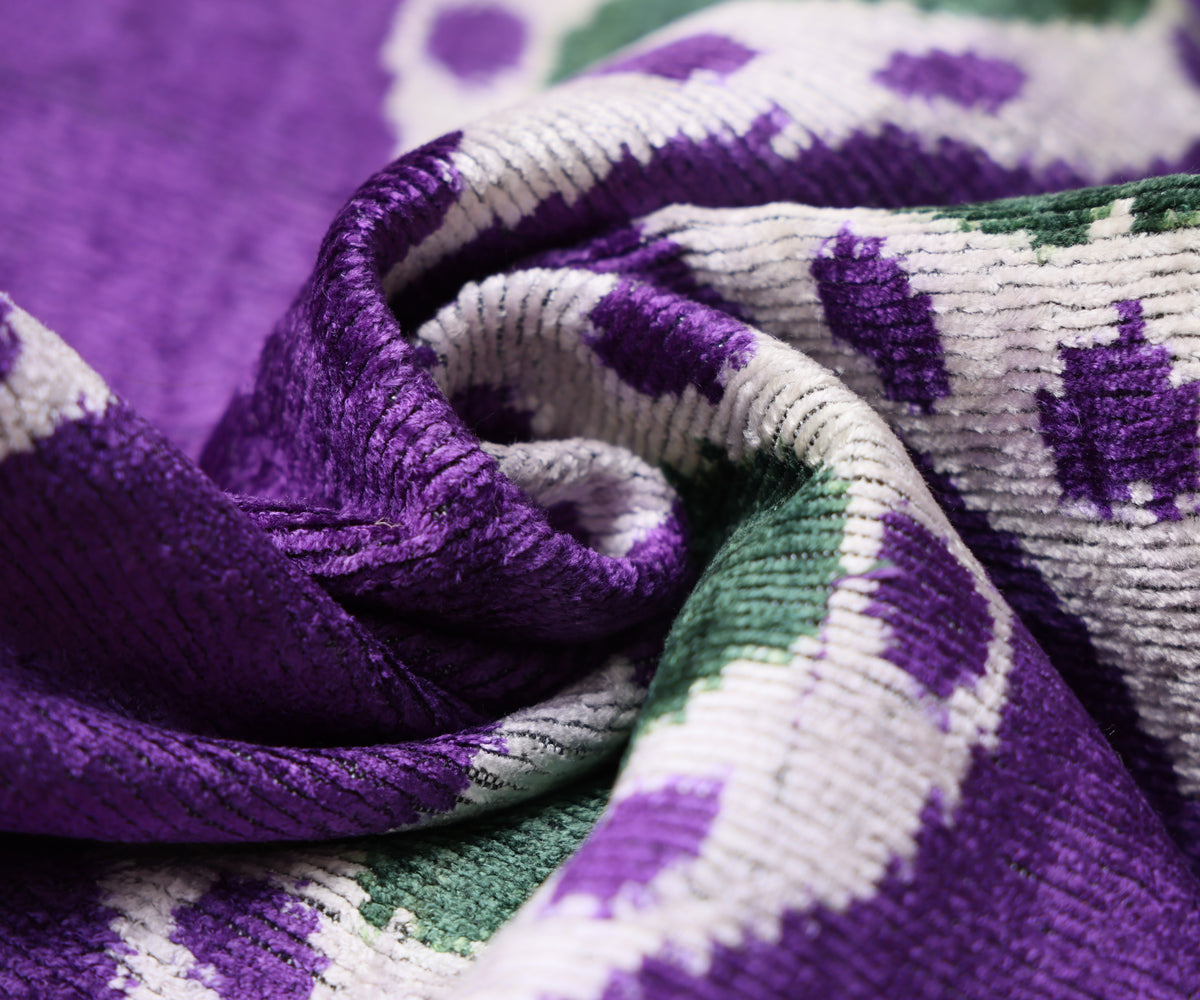 Hand-Knotted Silk Velvet Ikat Lumbar Pillow - 16x24 Royal Purple & Forest Green