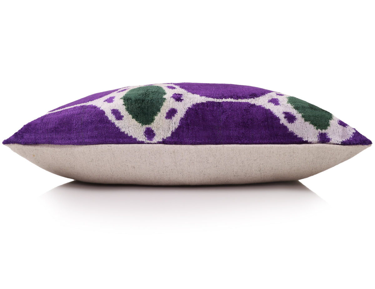 Hand-Knotted Silk Velvet Ikat Lumbar Pillow - 16x24 Royal Purple & Forest Green