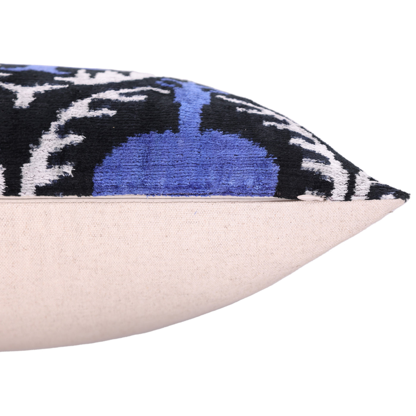 Handmade Ikat Velvet Pillow – 20x20" Blue & Black Silk Cushion