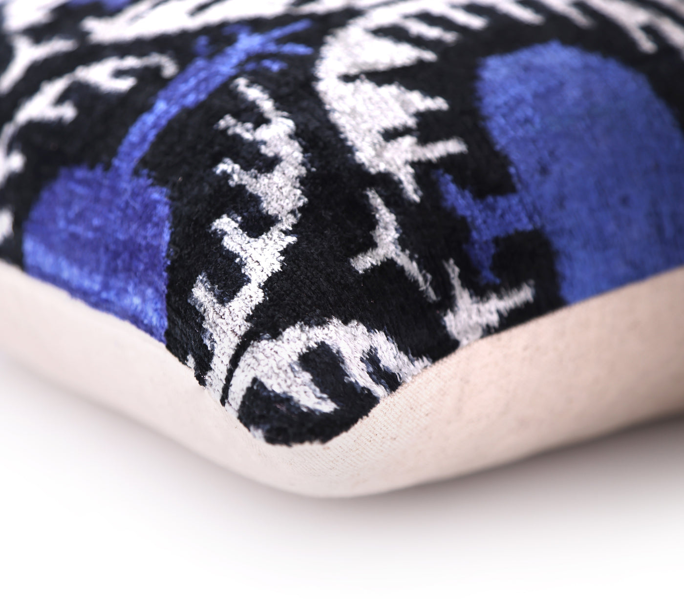 Handmade Ikat Velvet Pillow – 20x20" Blue & Black Silk Cushion