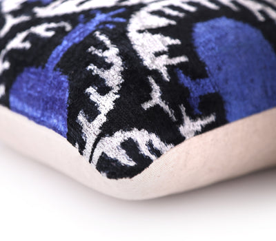Handmade Ikat Velvet Pillow – 20x20" Blue & Black Silk Cushion
