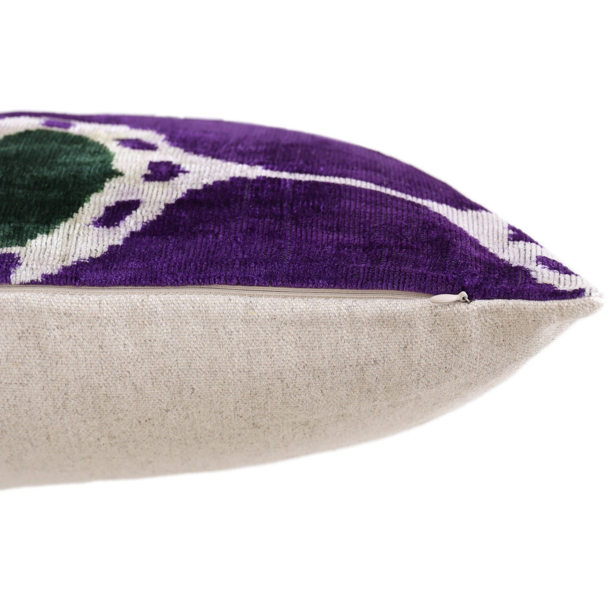 Hand-Knotted Silk Velvet Ikat Lumbar Pillow - 16x24 Royal Purple & Forest Green