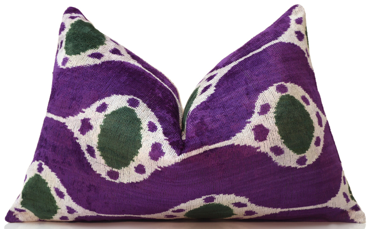 Hand-Knotted Silk Velvet Ikat Lumbar Pillow - 16x24 Royal Purple & Forest Green