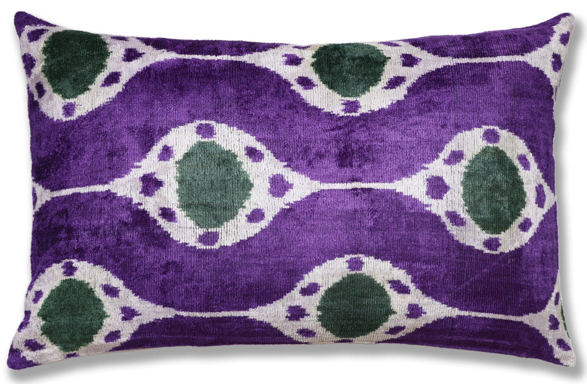 Hand-Knotted Silk Velvet Ikat Lumbar Pillow - 16x24 Royal Purple & Forest Green