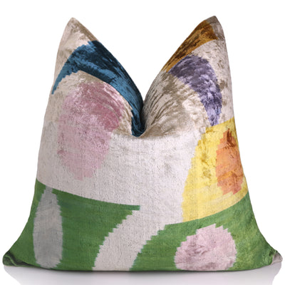 Handmade Velvet Abstract Pillow – 24x24" Pastel Ikat Silk Cushion