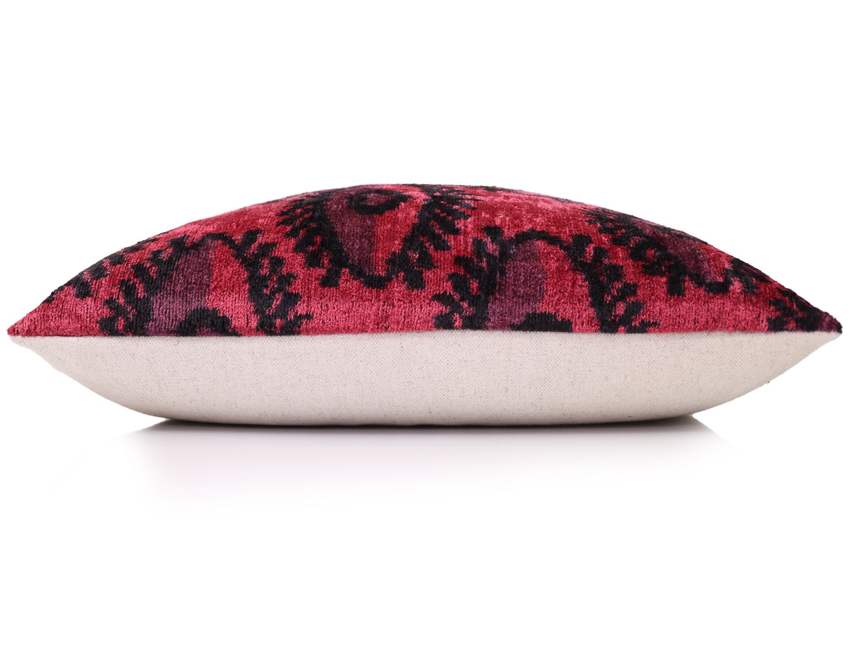 Hand-Knotted Silk Velvet Ikat Lumbar Pillow - 16x24 Crimson & Plum