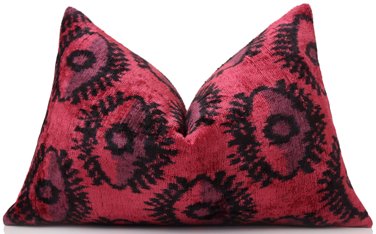 Hand-Knotted Silk Velvet Ikat Lumbar Pillow - 16x24 Crimson & Plum