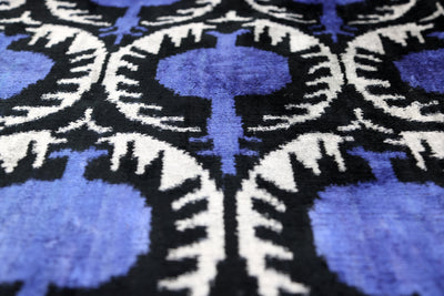 Handmade Ikat Velvet Pillow – 20x20" Blue & Black Silk Cushion