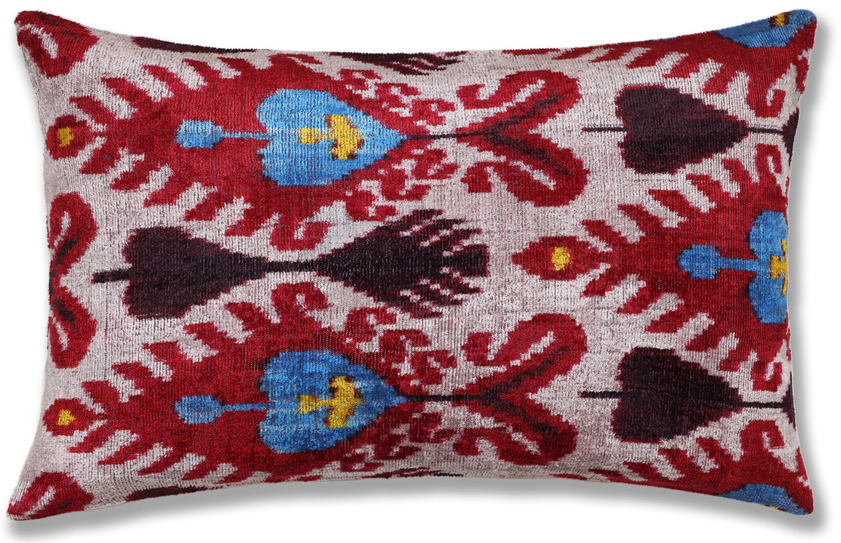 Hand-Knotted Silk Velvet Ikat Lumbar Pillow - 16x24 Ruby & Azure Multi