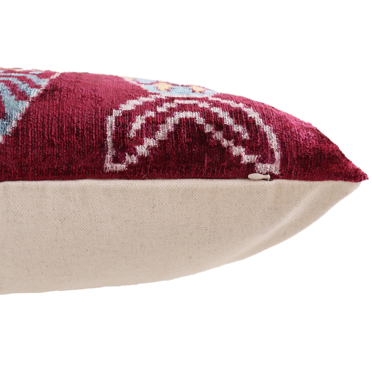 Hand-Knotted Silk Velvet Ikat Lumbar Pillow - 16x24 Burgundy & Sky Blue