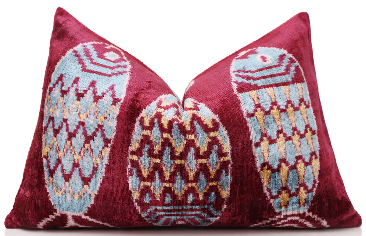 Hand-Knotted Silk Velvet Ikat Lumbar Pillow - 16x24 Burgundy & Sky Blue