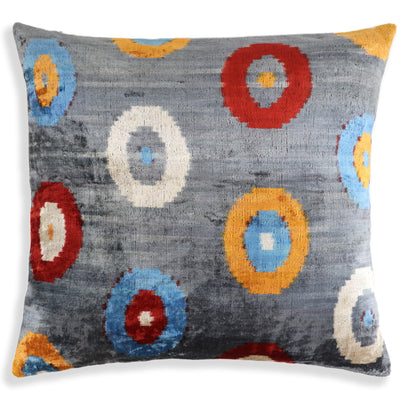 Luxury Handmade Velvet Throw Pillow – Handwoven Grey with Multicolor Circle Pattern | 20x20 in | Feather Insert Included