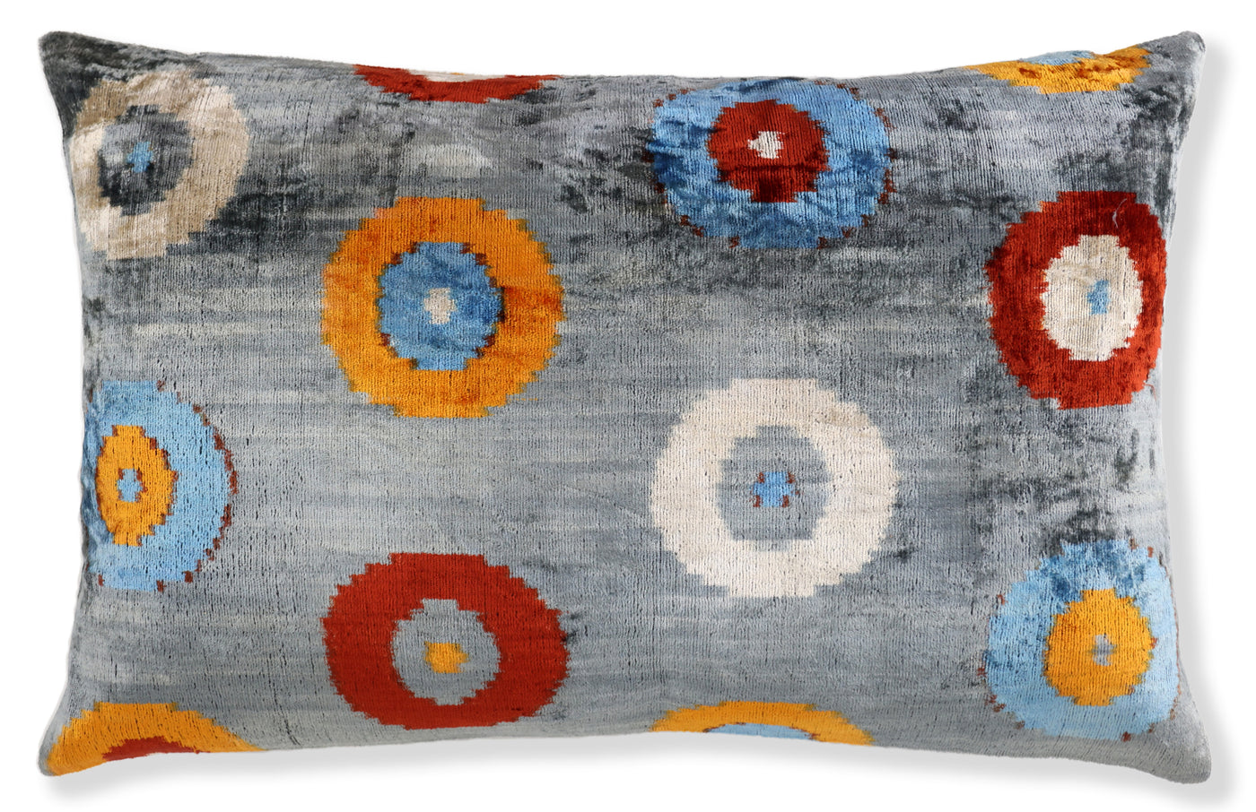 Handmade Velvet Circle Pillow – 16x24" Gray Blue & Orange Silk Cushion