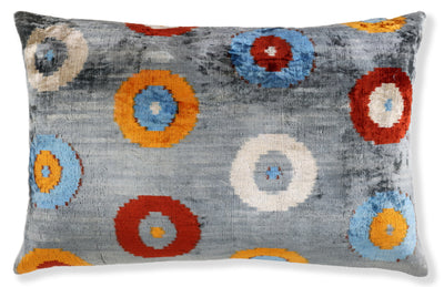 Handmade Velvet Circle Pillow – 16x24" Gray Blue & Orange Silk Cushion