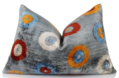 Handmade Velvet Circle Pillow – 16x24" Gray Blue & Orange Silk Cushion