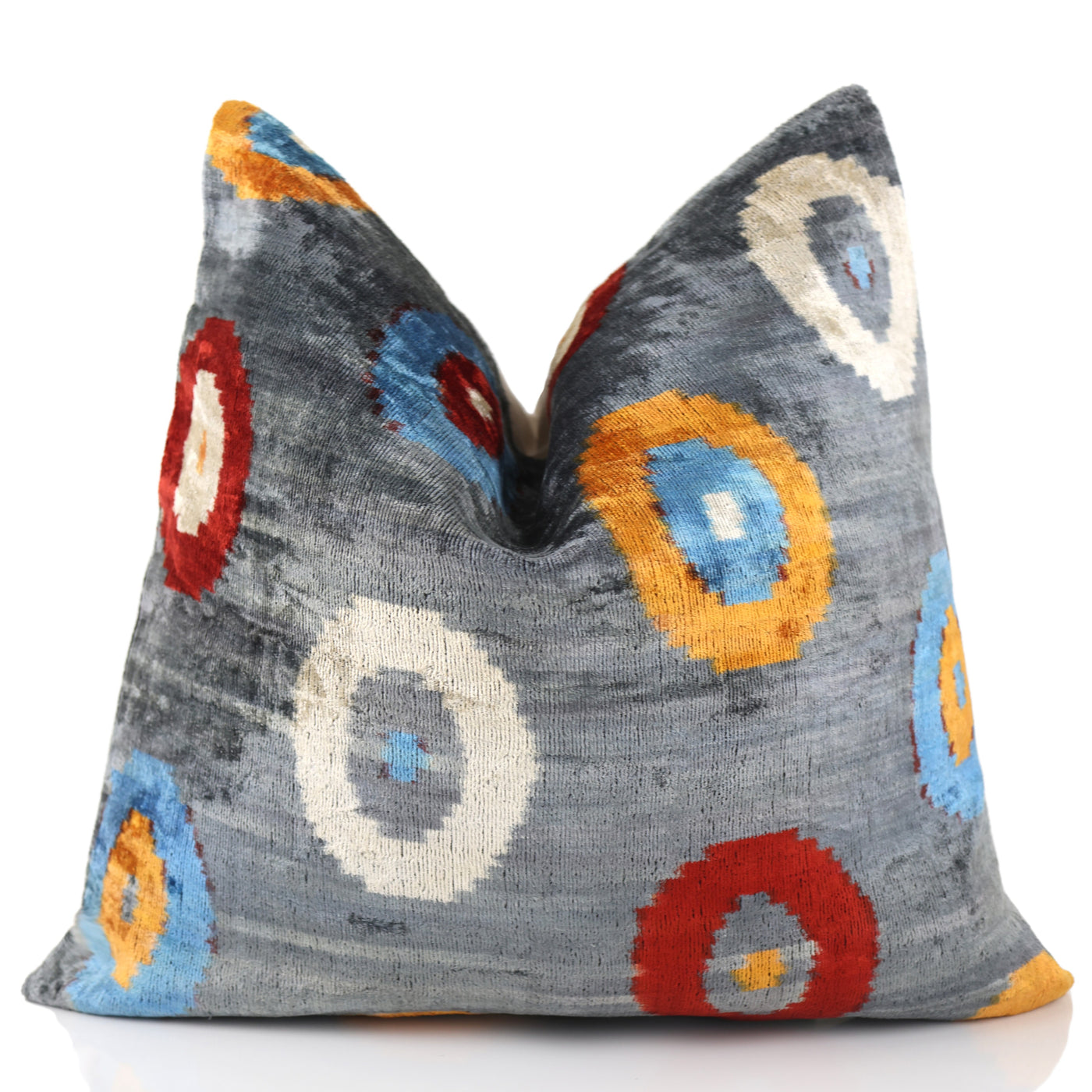 Luxury Handmade Velvet Throw Pillow – Handwoven Grey with Multicolor Circle Pattern | 20x20 in | Feather Insert Included