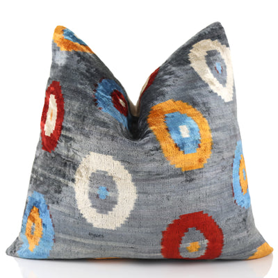Luxury Handmade Velvet Throw Pillow – Handwoven Grey with Multicolor Circle Pattern | 20x20 in | Feather Insert Included