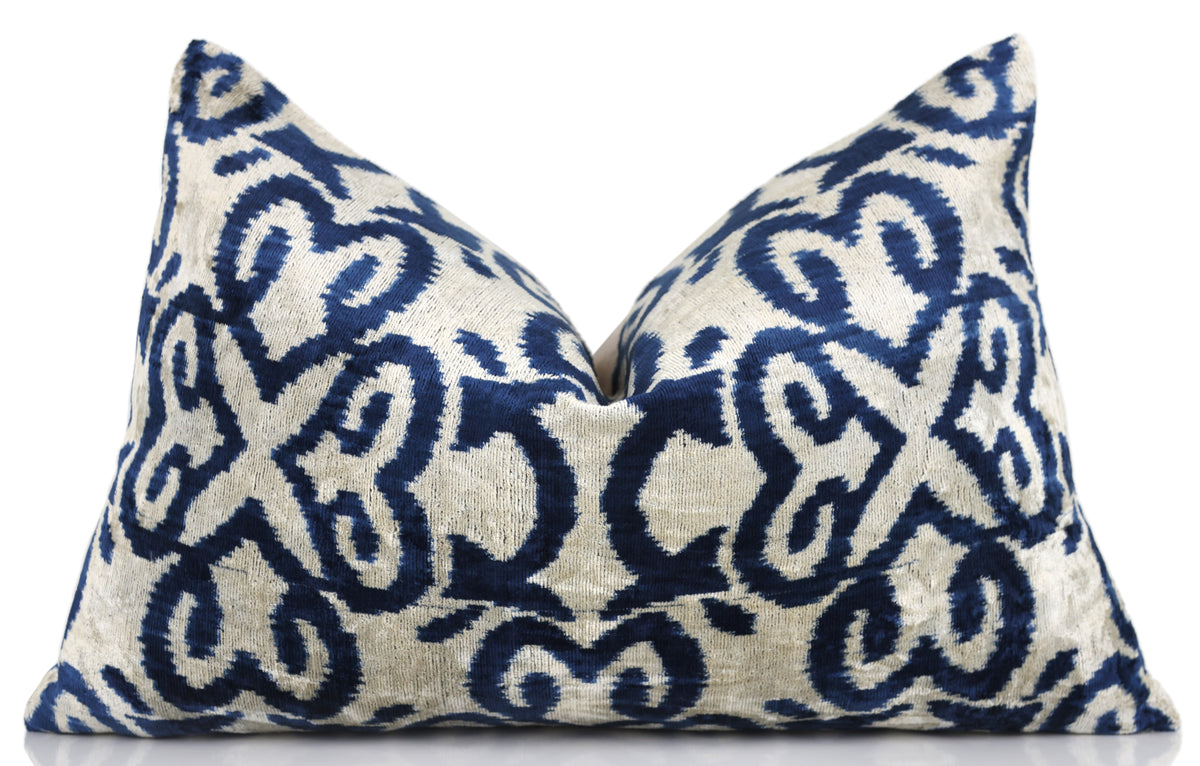 Handmade Navy Ikat Velvet Pillow – 16x24" Silk Accent Cushion