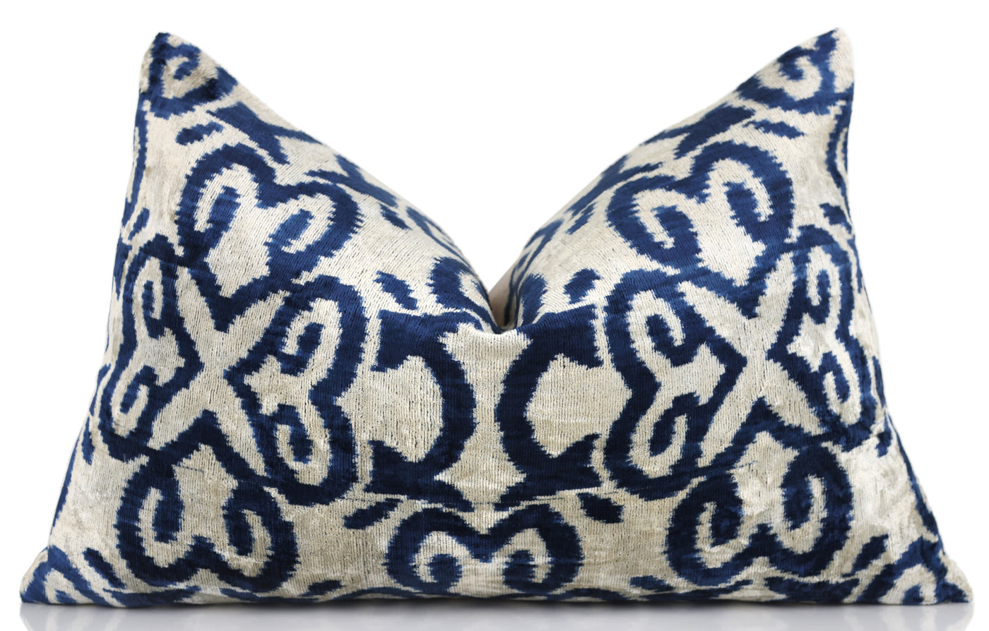 Handmade Navy Ikat Velvet Pillow – 16x24" Silk Accent Cushion