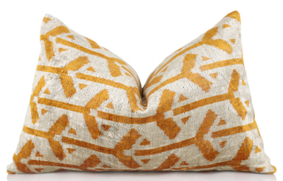 Handmade Velvet Tribal Pillow – 16x24" Gold & Ivory Silk Cushion