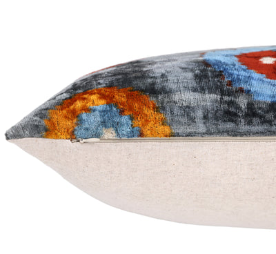 Handmade Velvet Circle Pillow – 16x24" Gray Blue & Orange Silk Cushion