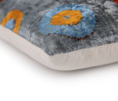 Handmade Velvet Circle Pillow – 16x24" Gray Blue & Orange Silk Cushion
