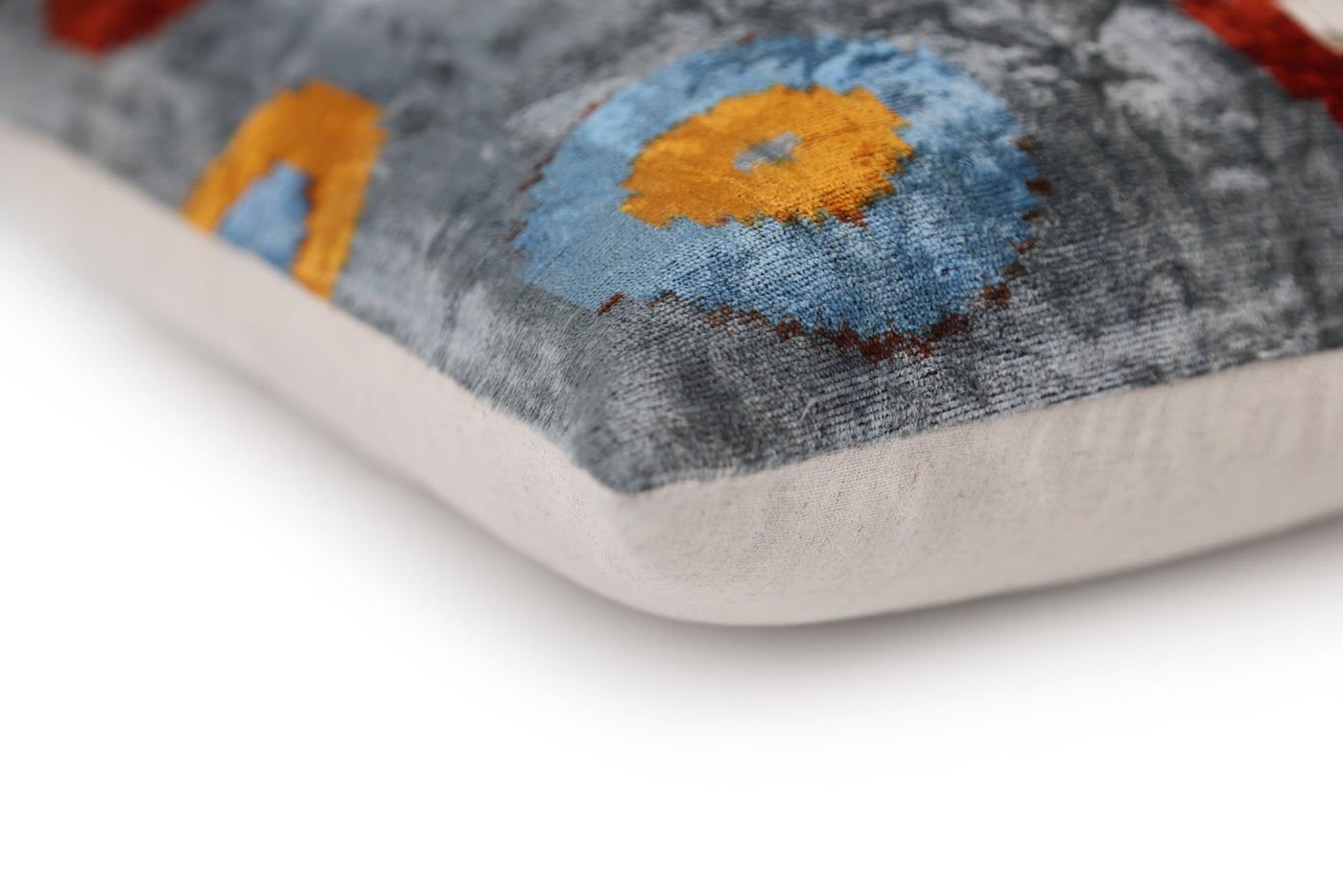Luxury Handmade Velvet Throw Pillow – Handwoven Grey with Multicolor Circle Pattern | 20x20 in | Feather Insert Included
