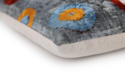 Luxury Handmade Velvet Throw Pillow – Handwoven Grey with Multicolor Circle Pattern | 20x20 in | Feather Insert Included