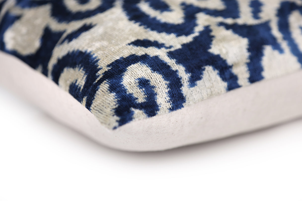 Handmade Navy Ikat Velvet Pillow – 16x24" Silk Accent Cushion