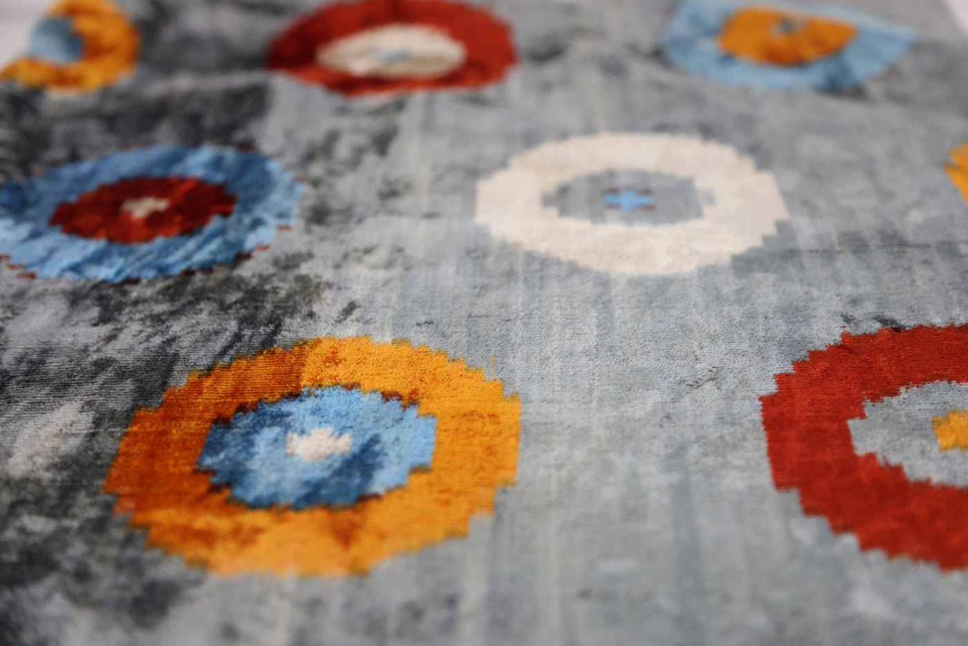 Handmade Velvet Circle Pillow – 16x24" Gray Blue & Orange Silk Cushion