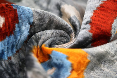 Handmade Velvet Circle Pillow – 16x24" Gray Blue & Orange Silk Cushion