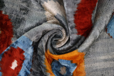 Luxury Handmade Velvet Throw Pillow – Handwoven Grey with Multicolor Circle Pattern | 20x20 in | Feather Insert Included