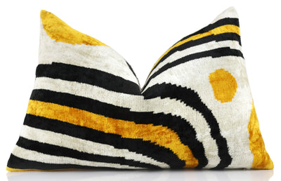Yellow, Black & White Wave Pattern Velvet Throw Pillow – 16x24 in | Handmade Luxury Accent