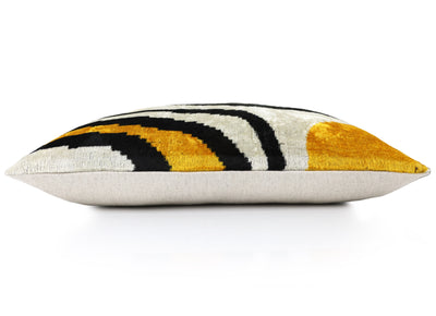 Yellow, Black & White Wave Pattern Velvet Throw Pillow – 16x24 in | Handmade Luxury Accent