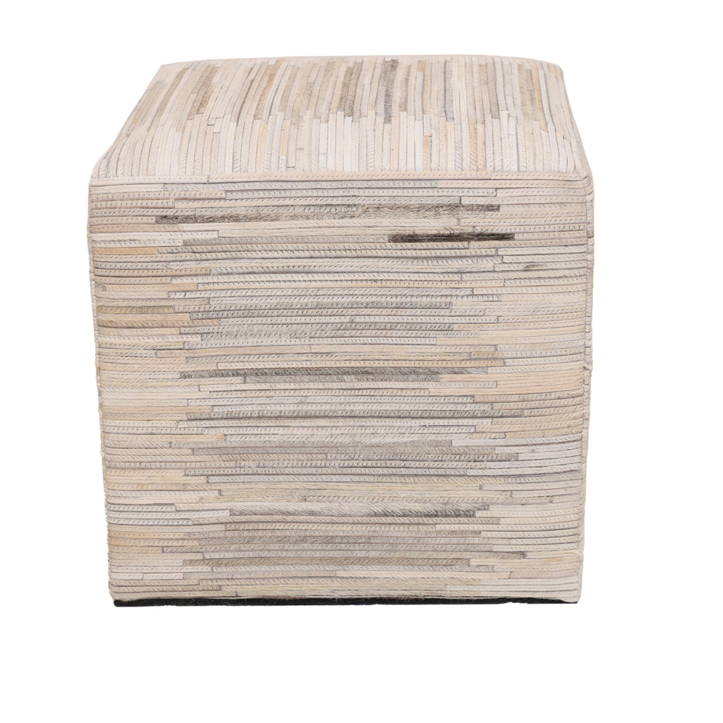 Handmade Cowhide Leather Ottoman Pouf 18x18 Neutral Textured Patchwork