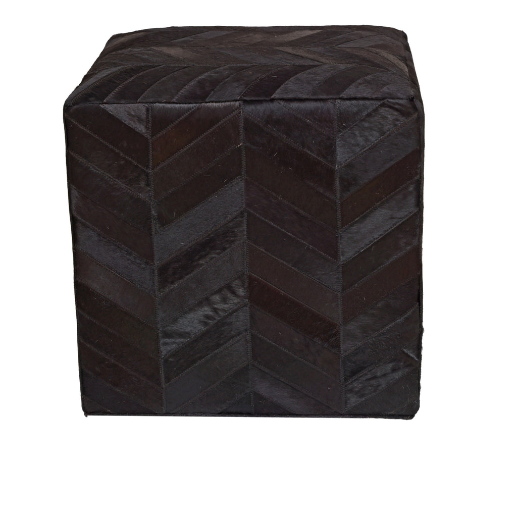 Handmade Black Cowhide Leather Ottoman Pouf 18x18 Chevron Patchwork