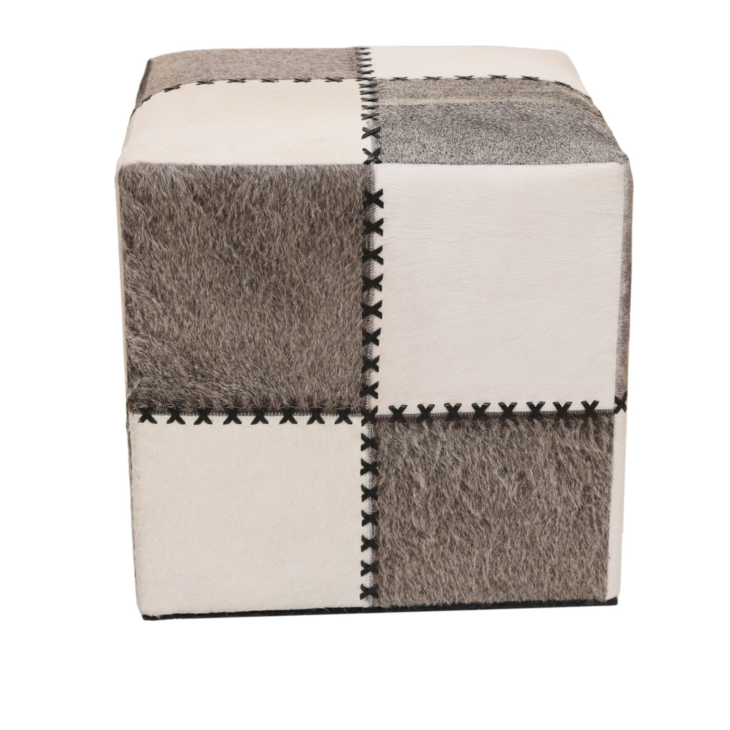 Handmade Cowhide Leather Patchwork Ottoman Pouf with Cross Stitch Detail 18x18