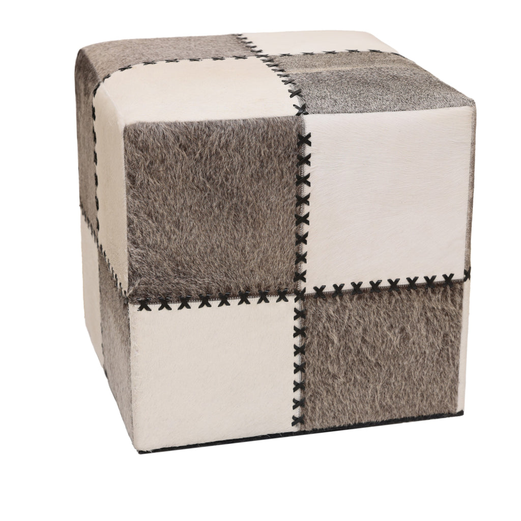 Handmade Cowhide Leather Patchwork Ottoman Pouf with Cross Stitch Detail 18x18