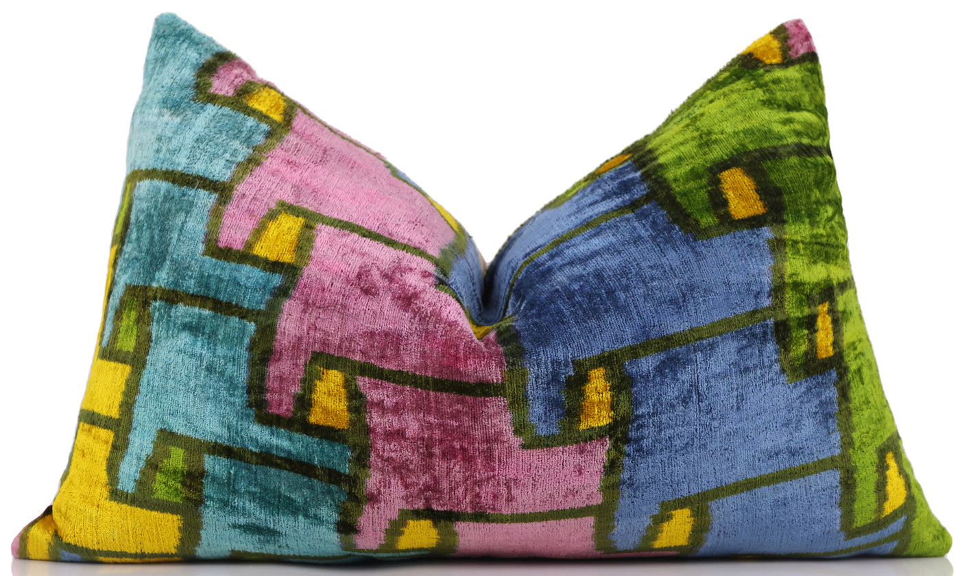 Colorful Pixel Abstract Velvet Pillow – Handmade 16x24 Lumbar