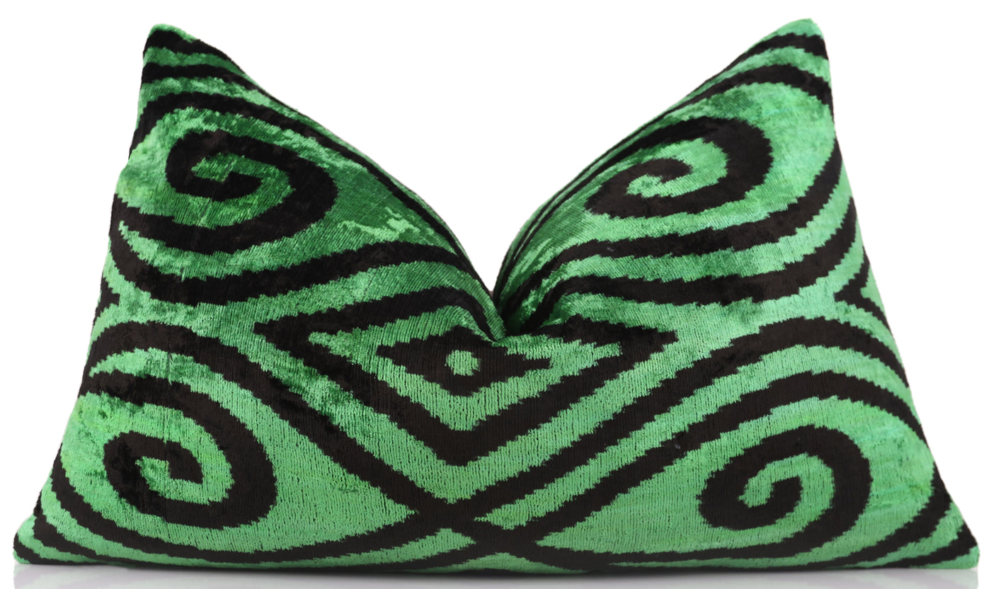 Green & Black Tribal Velvet Pillow – Handmade 16x24 Lumbar